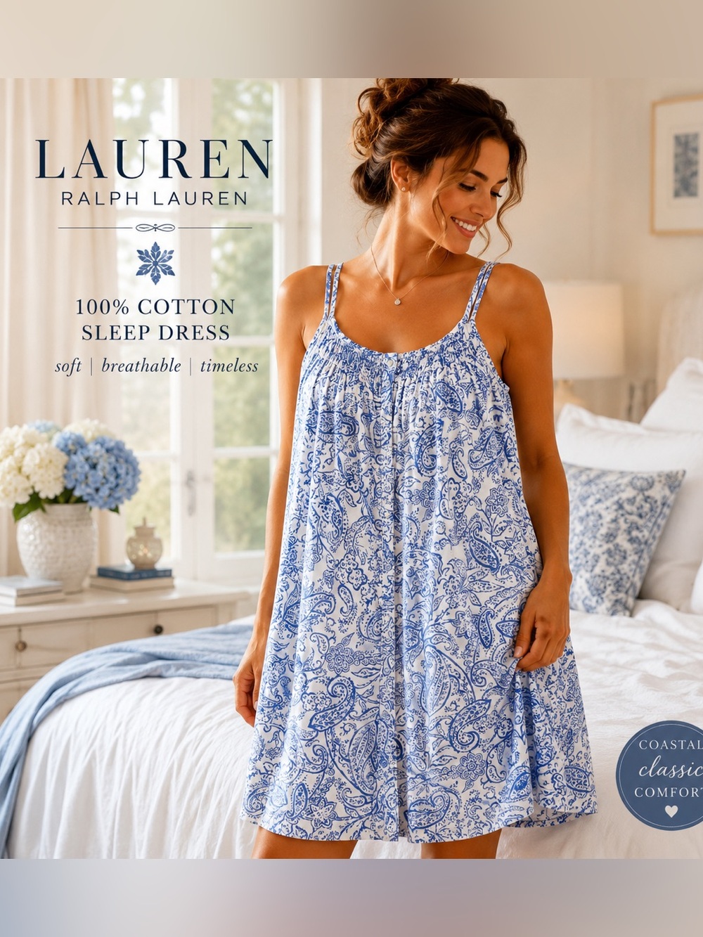 Coastal Lauren Ralph Lauren Blue Paisley Cotton Smocked Nightgown M